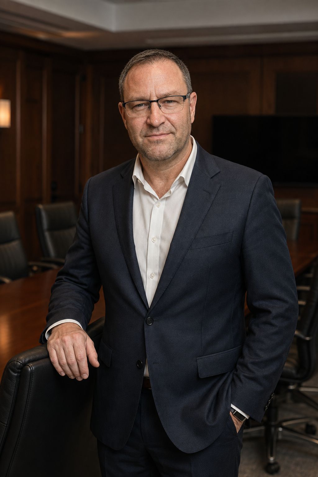Forrest Andrew Jones, a man with short grey hair, stubble and half rim glasses, in a dark suit and open collar white shirt, standing with one hand on a leather chair in a wood paneled room with a long table.